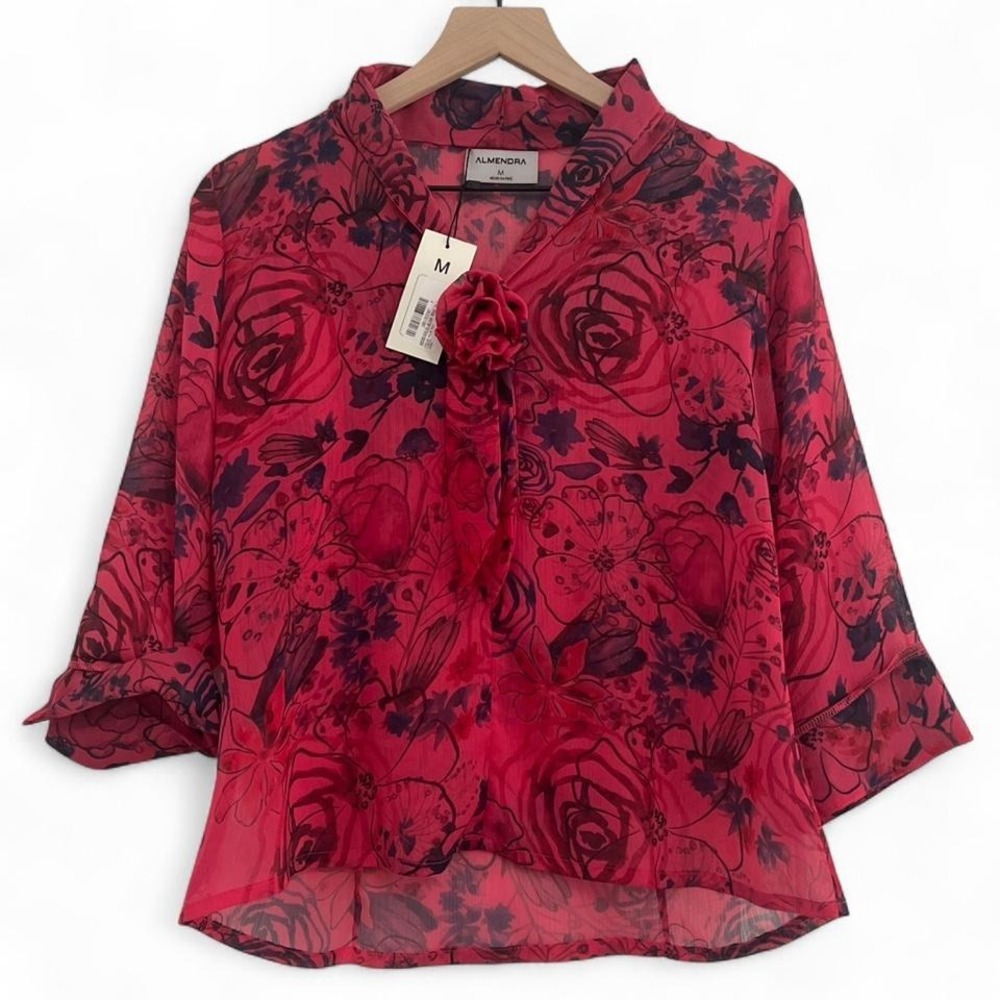 Almendra Sheer Red Floral Blouse Bow Front High Low Size M Romantic Top NWT